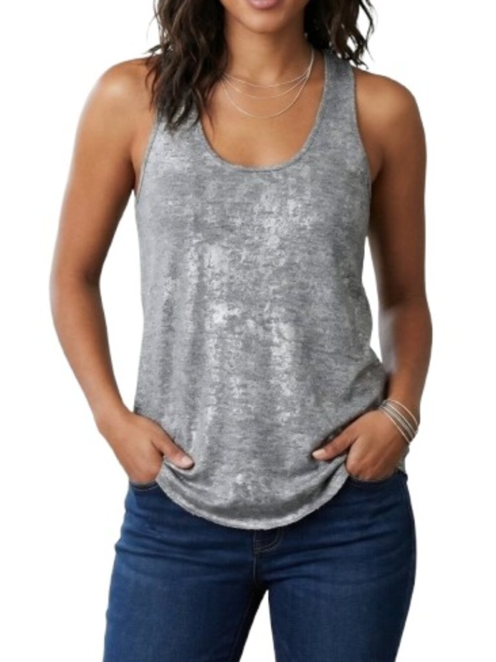 H&M Gray Dressy Knit Tank Top Metallic Accents Scoop Neck Sleeveless Blouse